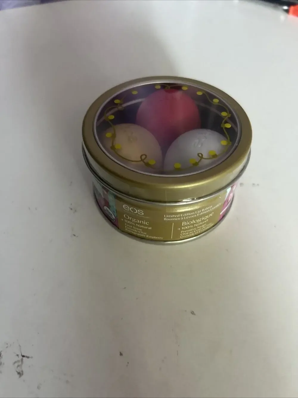 New EOS Lip Balm Set First Snow Fireside Chai Caren Soap Christmas GIFT TIN!